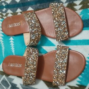 Fashion Women's Sparkling Sandals - Brown and Silver